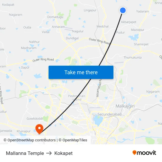 Mallanna Temple to Kokapet map