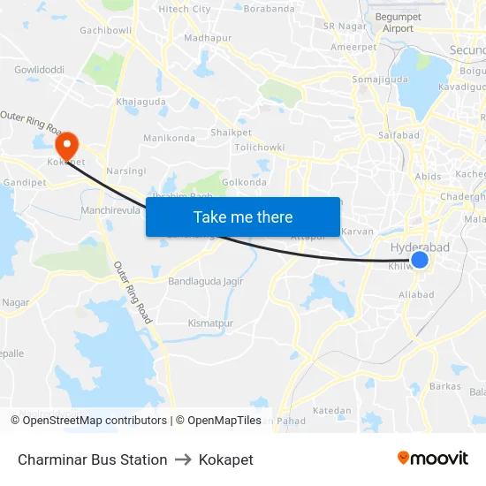 Charminar Bus Station to Kokapet map