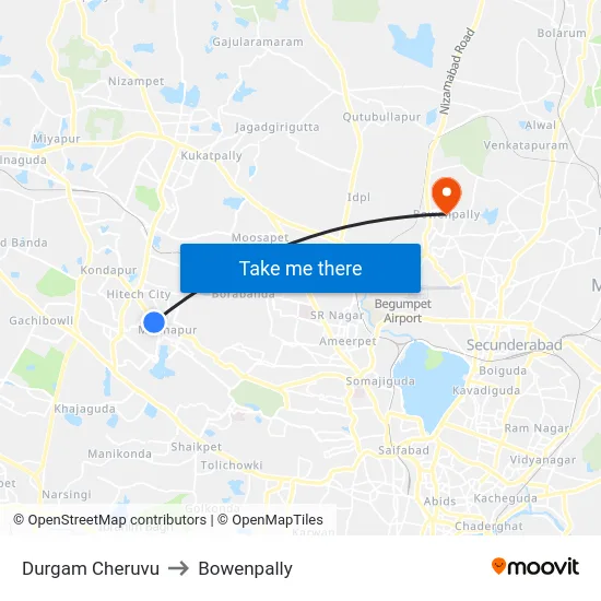 Durgam Cheruvu to Bowenpally map