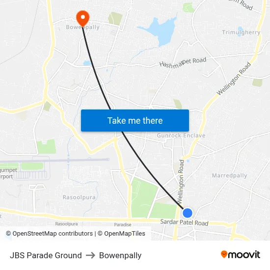 JBS Parade Ground to Bowenpally map