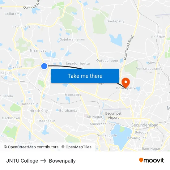 JNTU College to Bowenpally map