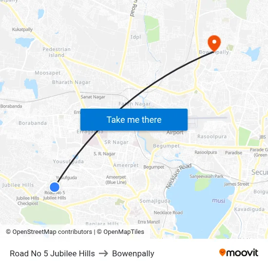 Road No 5 Jubilee Hills to Bowenpally map