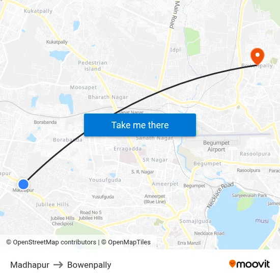 Madhapur to Bowenpally map