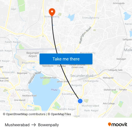 Musheerabad to Bowenpally map