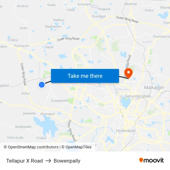 Tellapur X Road to Bowenpally map