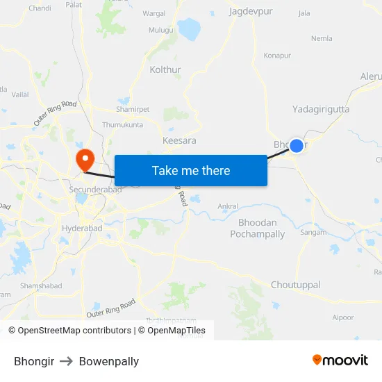 Bhongir to Bowenpally map