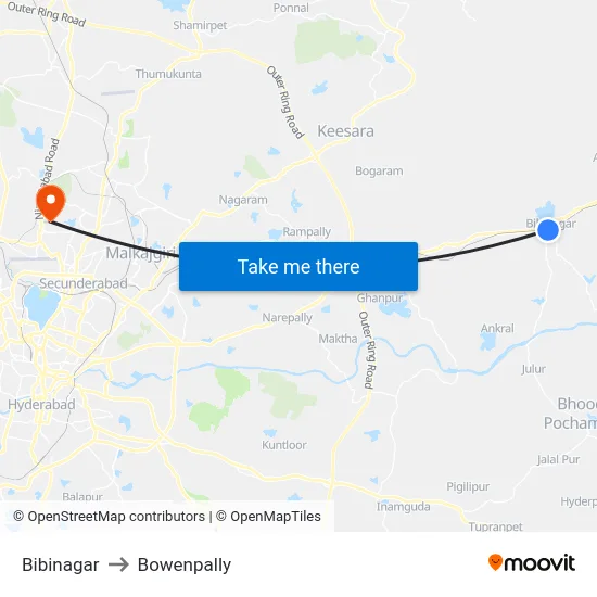 Bibinagar to Bowenpally map