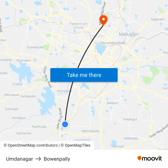 Umdanagar to Bowenpally map