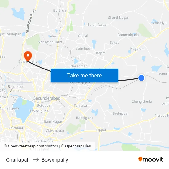 Charlapalli to Bowenpally map