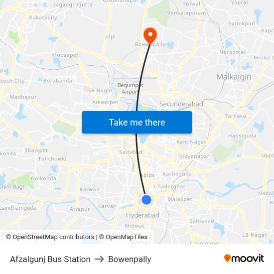 Afzalgunj Bus Station to Bowenpally map