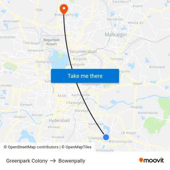 Greenpark Colony to Bowenpally map