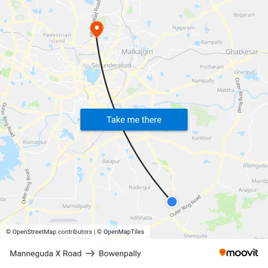 Manneguda X Road to Bowenpally map