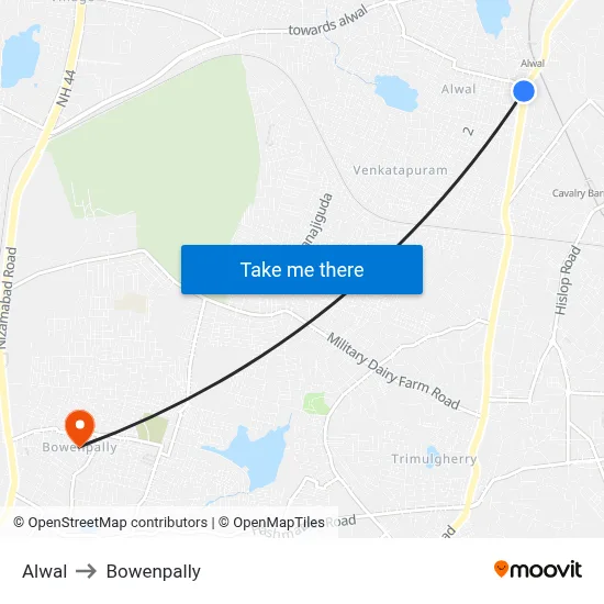 Alwal to Bowenpally map