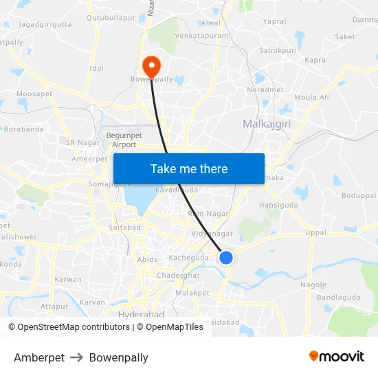Amberpet to Bowenpally map