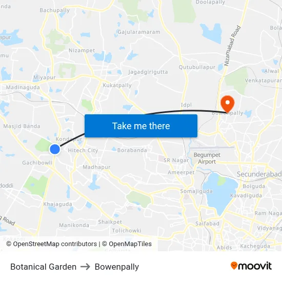 Botanical Garden to Bowenpally map