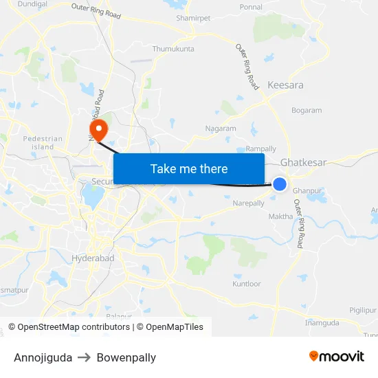 Annojiguda to Bowenpally map