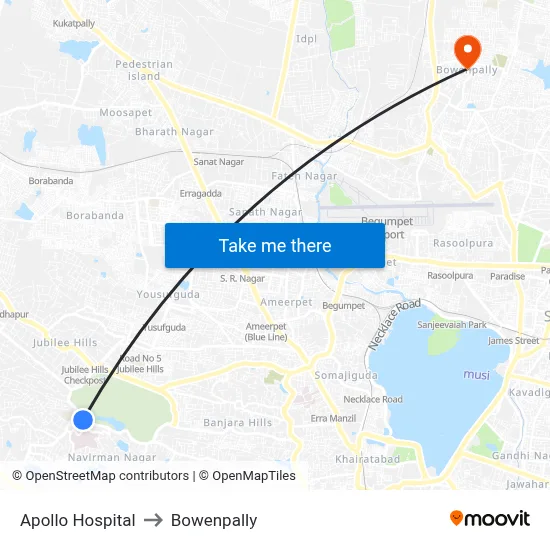 Apollo Hospital to Bowenpally map