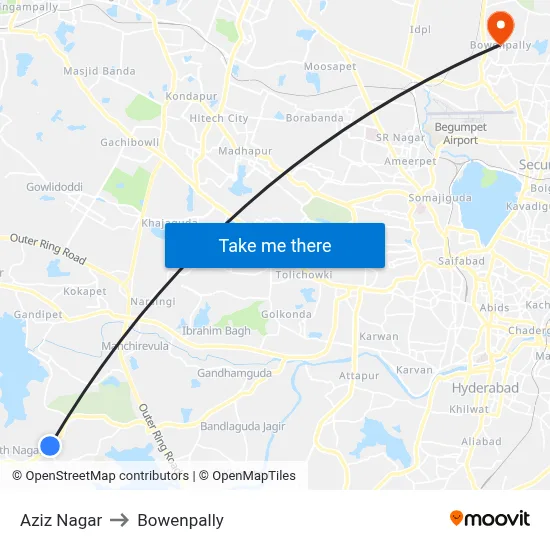 Aziz Nagar to Bowenpally map