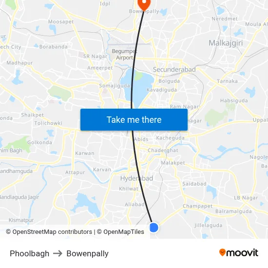 Phoolbagh to Bowenpally map