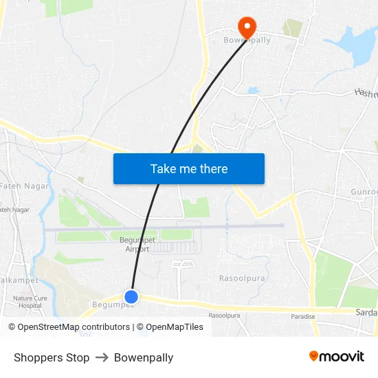 Shoppers Stop to Bowenpally map
