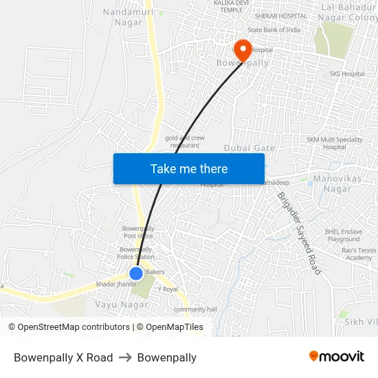 Bowenpally X Road to Bowenpally map