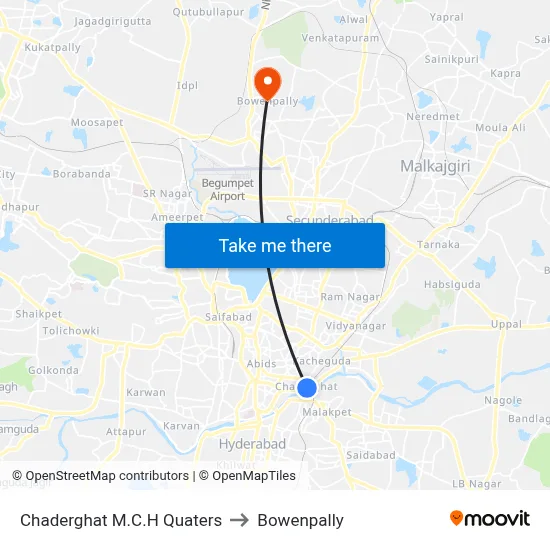 Chaderghat M.C.H Quaters to Bowenpally map