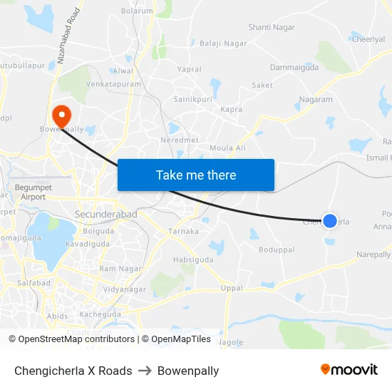 Chengicherla X Roads to Bowenpally map