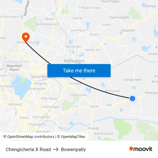 Chengicherla X Road to Bowenpally map