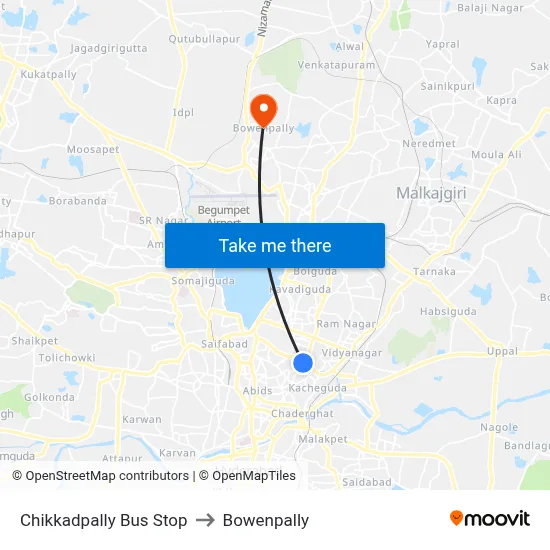 Chikkadpally Bus Stop to Bowenpally map
