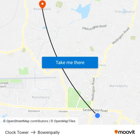 Clock Tower to Bowenpally map