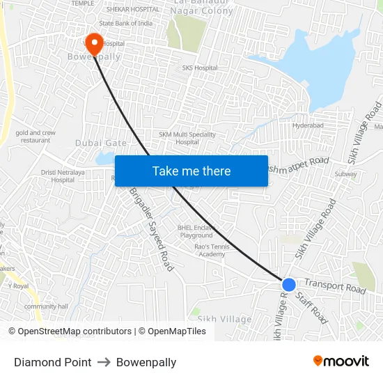 Diamond Point to Bowenpally map