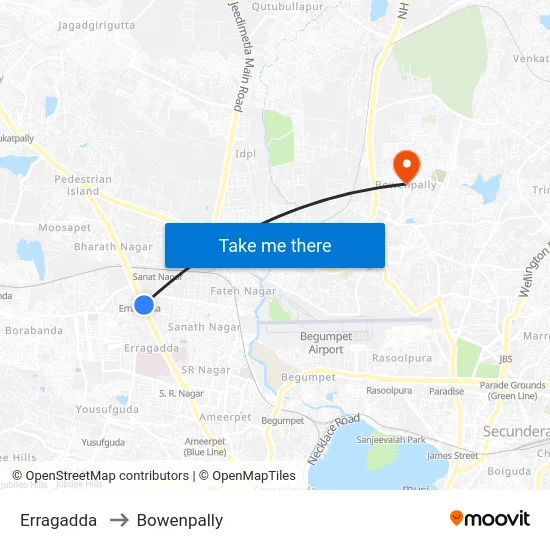 Erragadda to Bowenpally map