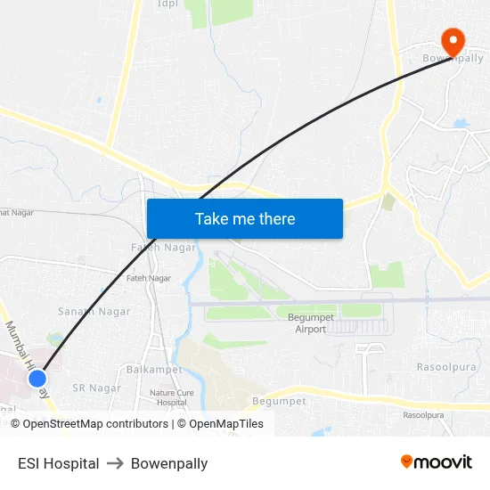 ESI Hospital to Bowenpally map