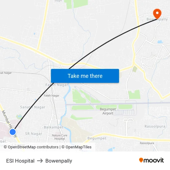 ESI Hospital to Bowenpally map
