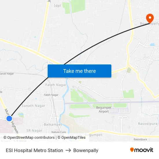 ESI Hospital Metro Station to Bowenpally map