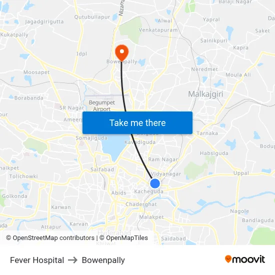 Fever Hospital to Bowenpally map