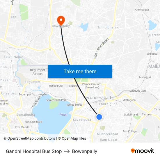 Gandhi Hospital Bus Stop to Bowenpally map