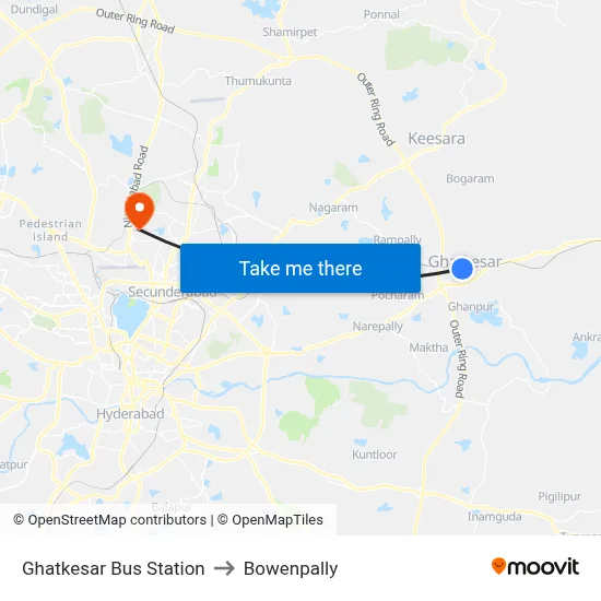 Ghatkesar Bus Station to Bowenpally map