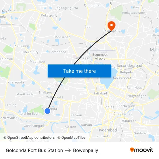 Golconda Fort Bus Station to Bowenpally map