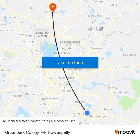 Greenpark Colony to Bowenpally map