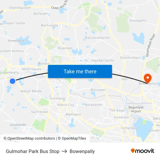 Gulmohar Park Bus Stop to Bowenpally map