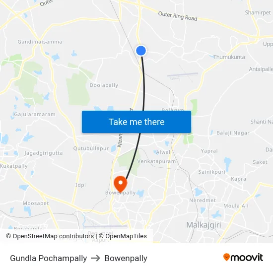 Gundla Pochampally to Bowenpally map
