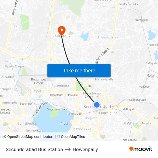Secunderabad Bus Station to Bowenpally map