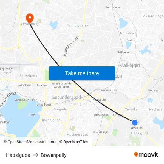 Habsiguda to Bowenpally map