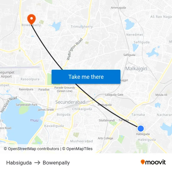 Habsiguda to Bowenpally map