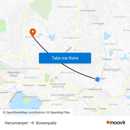 Hanumanpet to Bowenpally map