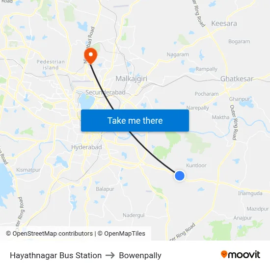 Hayathnagar Bus Station to Bowenpally map