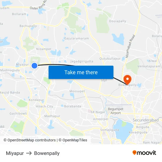 Miyapur to Bowenpally map