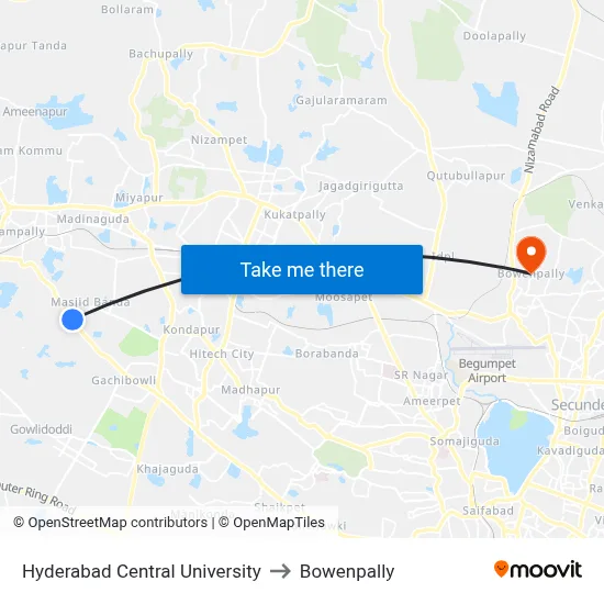 Hyderabad Central University to Bowenpally map