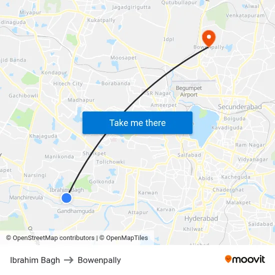 Ibrahim Bagh to Bowenpally map